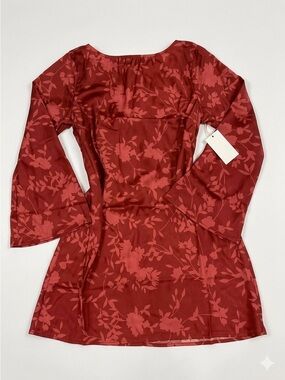 A New Day Red  Floral Satin Feel Cut Out Long Sleeve V-Neck Short Dress